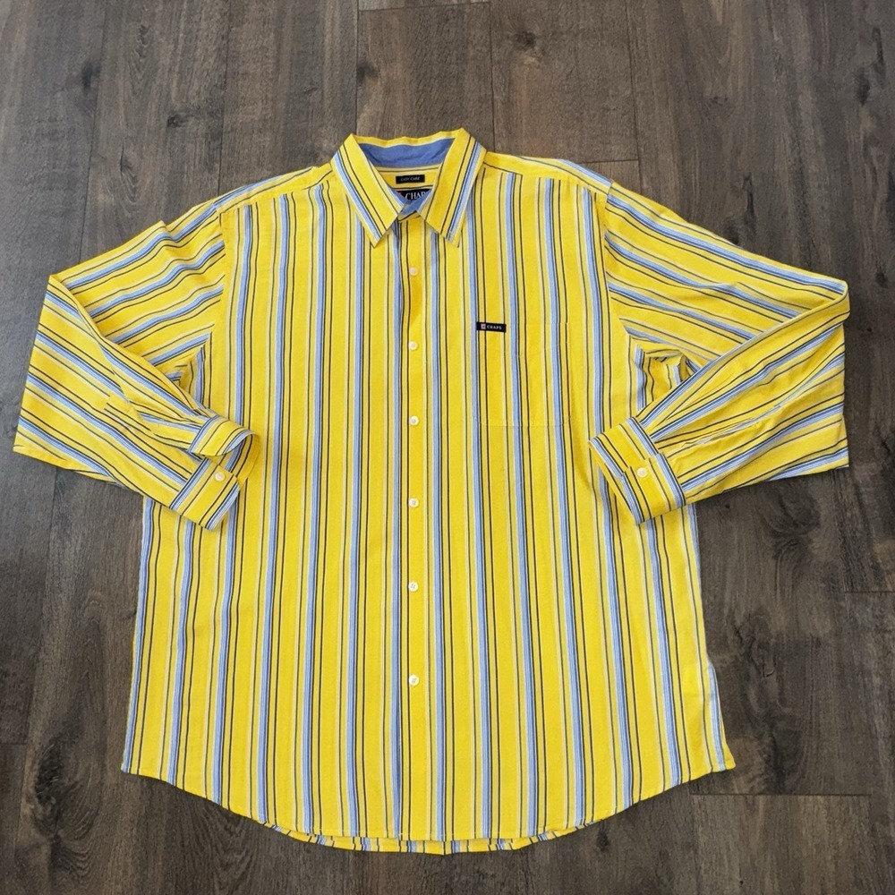 CHAPS Easy Care Men's XXL/TTG Long Sleeve Shirt Button Down Yellow Blue Striped
